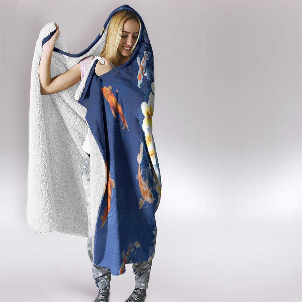 Hawaii And Japan Hooded Blanket Plumeria Lei With Koi Fish Blue - Polynesian Pride