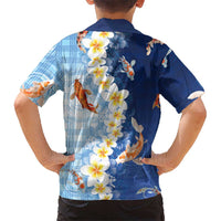 Hawaii And Japan Kid Hawaiian Shirt Plumeria Lei With Koi Fish Blue - Polynesian Pride