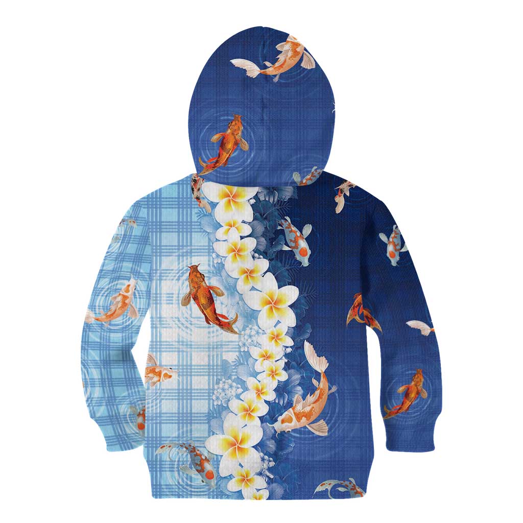 Hawaii And Japan Kid Hoodie Plumeria Lei With Koi Fish Blue LT05 - Polynesian Pride