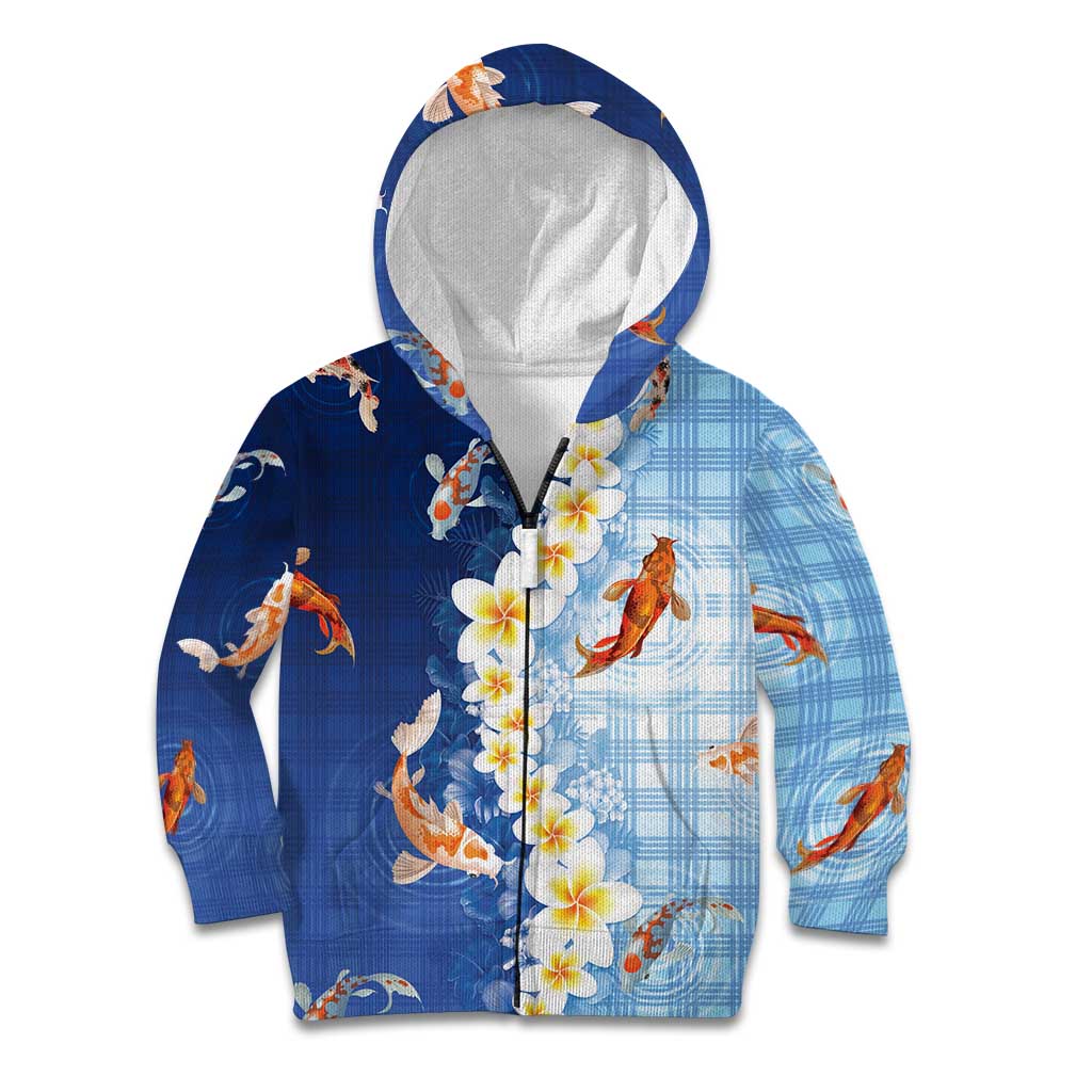 Hawaii And Japan Kid Hoodie Plumeria Lei With Koi Fish Blue LT05 Zip Hoodie Blue - Polynesian Pride