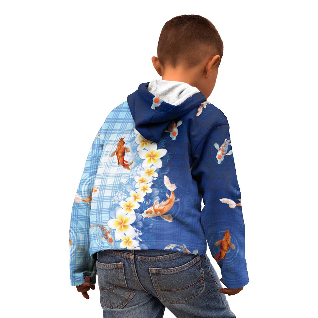Hawaii And Japan Kid Hoodie Plumeria Lei With Koi Fish Blue LT05 - Polynesian Pride