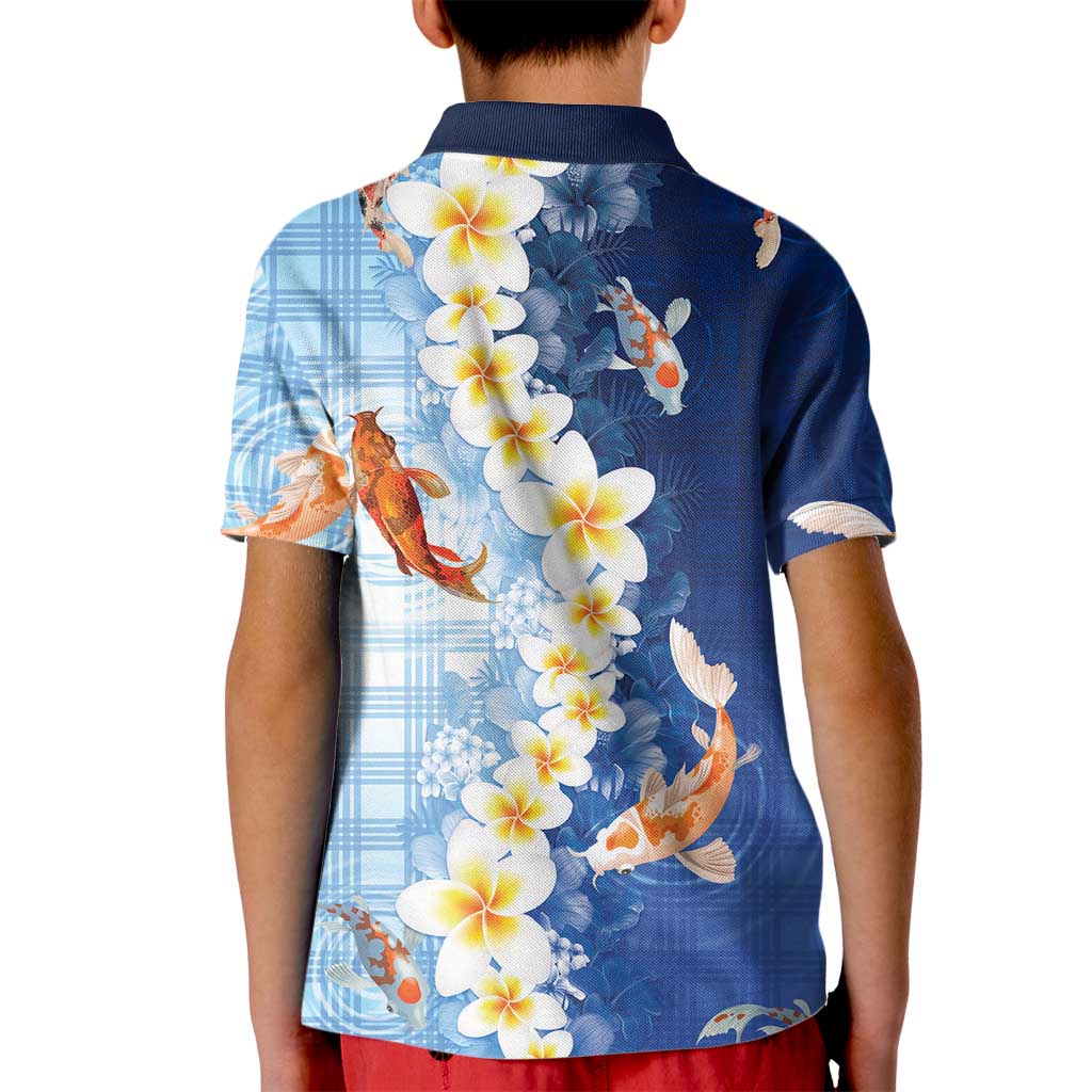 Hawaii And Japan Kid Polo Shirt Plumeria Lei With Koi Fish Blue - Polynesian Pride