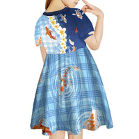 Hawaii And Japan Kid Short Sleeve Dress Plumeria Lei With Koi Fish Blue LT05 - Polynesian Pride