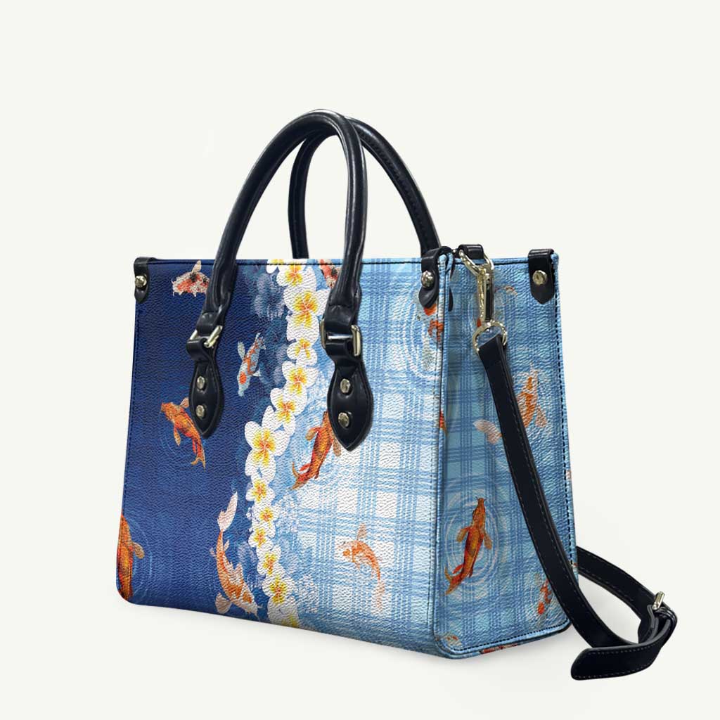 Hawaii And Japan Leather Bag Plumeria Lei With Koi Fish Blue - Polynesian Pride