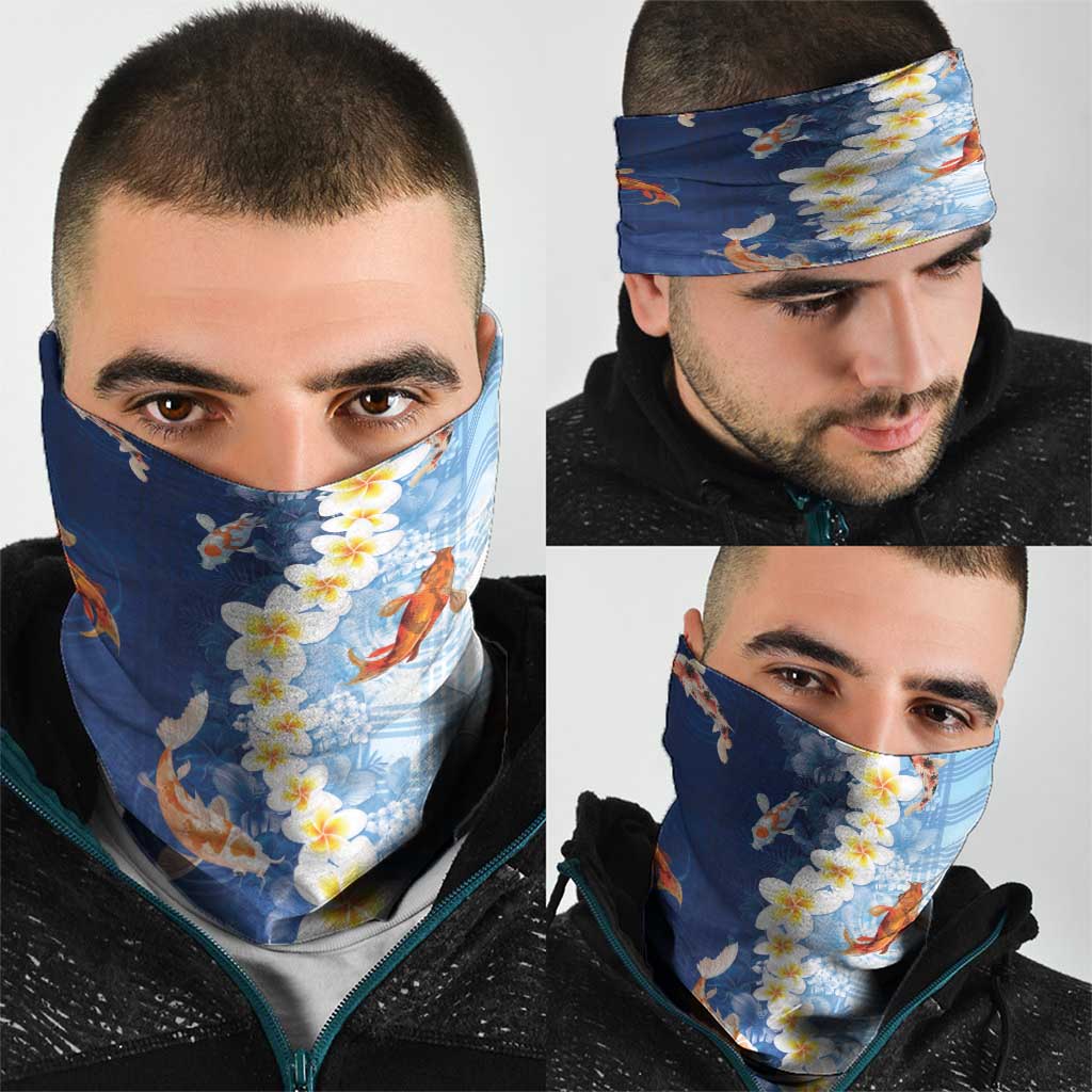 Hawaii And Japan Neck Gaiter Plumeria Lei With Koi Fish Blue - Polynesian Pride