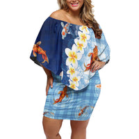 Hawaii And Japan Off Shoulder Short Dress Plumeria Lei With Koi Fish Blue LT05 Women Blue - Polynesian Pride