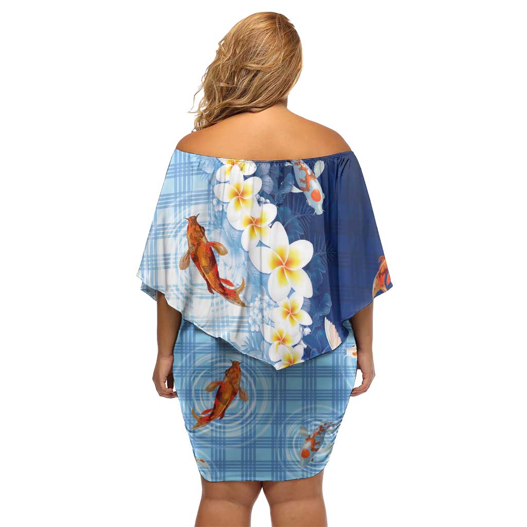 Hawaii And Japan Off Shoulder Short Dress Plumeria Lei With Koi Fish Blue LT05 - Polynesian Pride