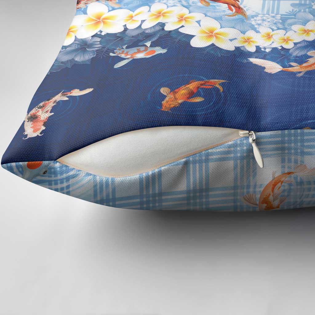 Hawaii And Japan Pillow Cover Plumeria Lei With Koi Fish Blue - Polynesian Pride
