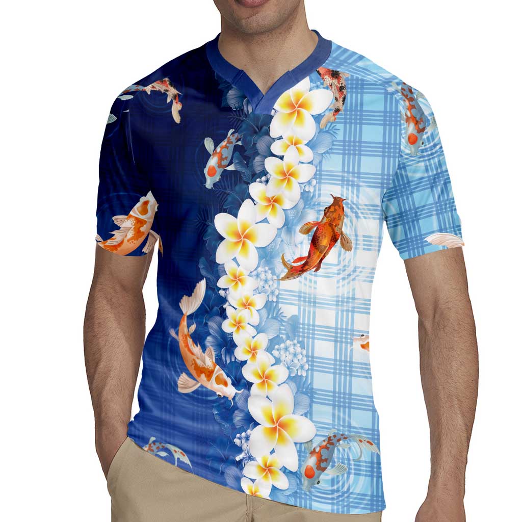 Hawaii And Japan Rugby Jersey Plumeria Lei With Koi Fish Blue - Polynesian Pride