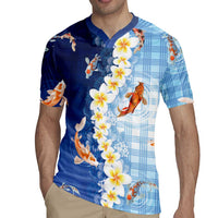 Hawaii And Japan Rugby Jersey Plumeria Lei With Koi Fish Blue - Polynesian Pride