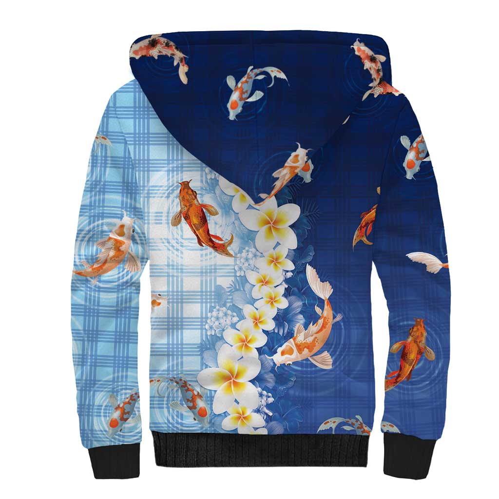 Hawaii And Japan Sherpa Hoodie Plumeria Lei With Koi Fish Blue - Polynesian Pride