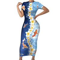 Hawaii And Japan Short Sleeve Bodycon Dress Plumeria Lei With Koi Fish Blue - Polynesian Pride