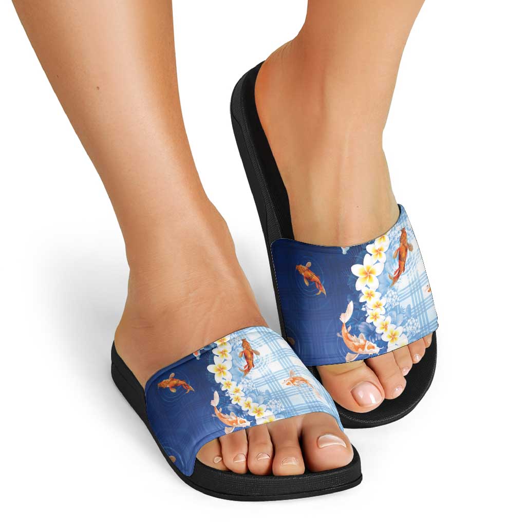 Hawaii And Japan Slide Sandals Plumeria Lei With Koi Fish Blue - Polynesian Pride
