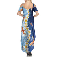 Hawaii And Japan Summer Maxi Dress Plumeria Lei With Koi Fish Blue - Polynesian Pride