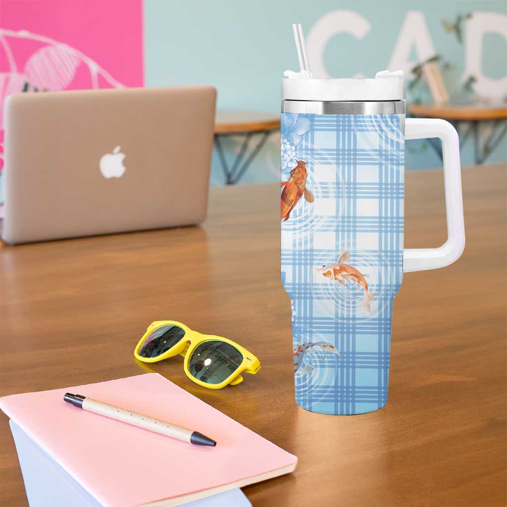 Hawaii And Japan Tumbler With Handle Plumeria Lei With Koi Fish Blue - Polynesian Pride