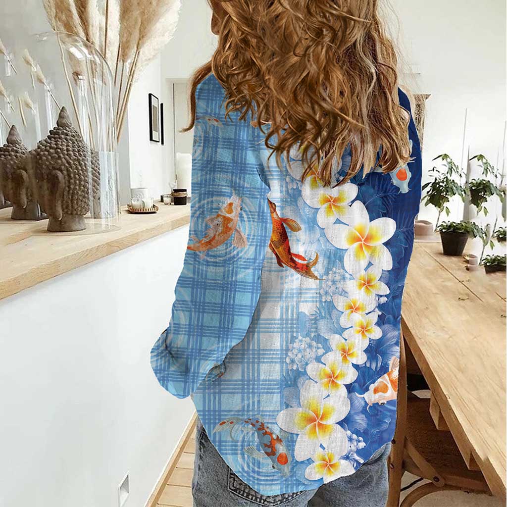 Hawaii And Japan Women Casual Shirt Plumeria Lei With Koi Fish Blue LT05 - Polynesian Pride