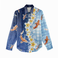 Hawaii And Japan Women Casual Shirt Plumeria Lei With Koi Fish Blue LT05 - Polynesian Pride