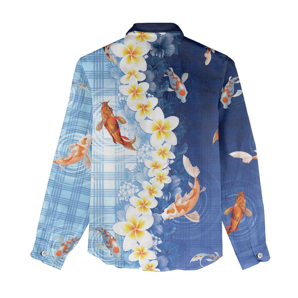 Hawaii And Japan Women Casual Shirt Plumeria Lei With Koi Fish Blue LT05 - Polynesian Pride