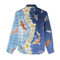 Hawaii And Japan Women Casual Shirt Plumeria Lei With Koi Fish Blue LT05 - Polynesian Pride