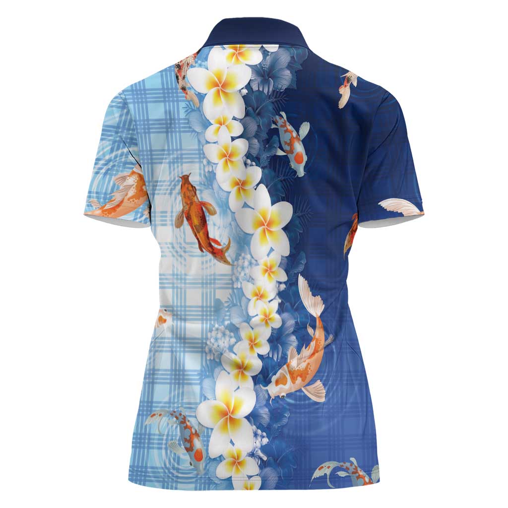 Hawaii And Japan Women Polo Shirt Plumeria Lei With Koi Fish Blue LT05 - Polynesian Pride