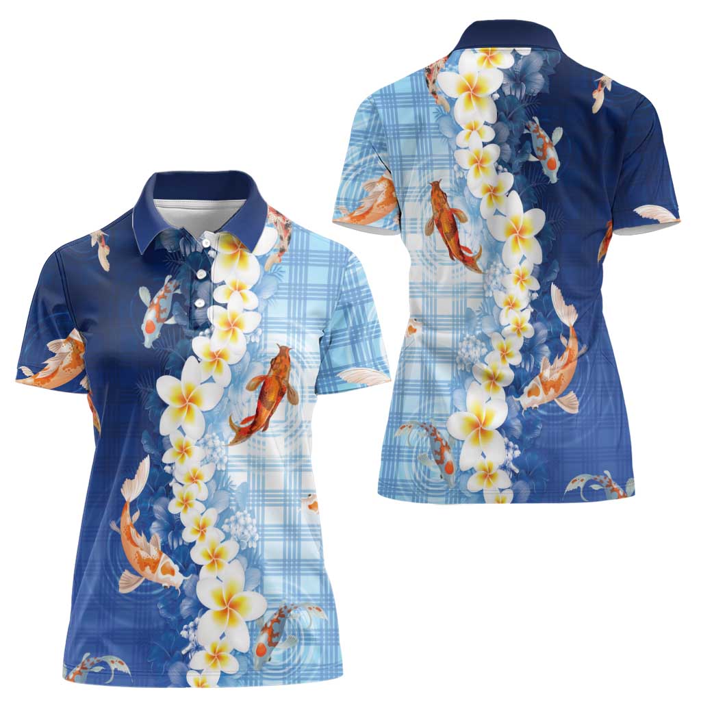 Hawaii And Japan Women Polo Shirt Plumeria Lei With Koi Fish Blue LT05 - Polynesian Pride
