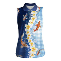 Hawaii And Japan Women Sleeveless Polo Shirt Plumeria Lei With Koi Fish Blue LT05 Female Blue - Polynesian Pride