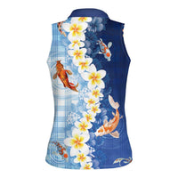 Hawaii And Japan Women Sleeveless Polo Shirt Plumeria Lei With Koi Fish Blue LT05 - Polynesian Pride