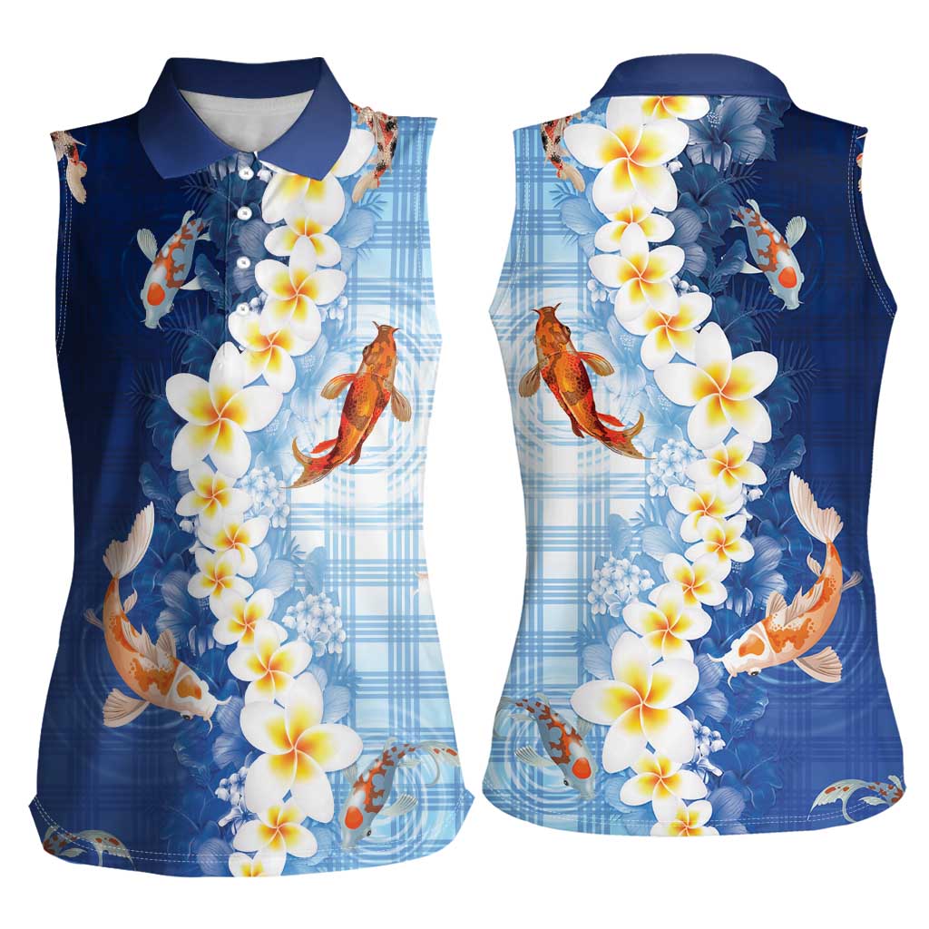 Hawaii And Japan Women Sleeveless Polo Shirt Plumeria Lei With Koi Fish Blue LT05 - Polynesian Pride