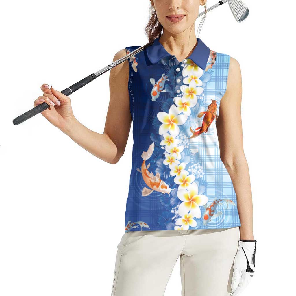 Hawaii And Japan Women Sleeveless Polo Shirt Plumeria Lei With Koi Fish Blue LT05 - Polynesian Pride