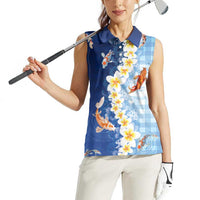 Hawaii And Japan Women Sleeveless Polo Shirt Plumeria Lei With Koi Fish Blue LT05 - Polynesian Pride