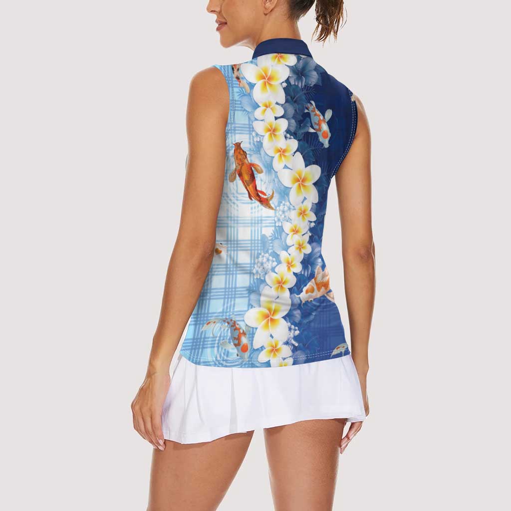 Hawaii And Japan Women Sleeveless Polo Shirt Plumeria Lei With Koi Fish Blue LT05 - Polynesian Pride