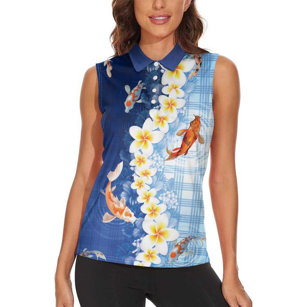 Hawaii And Japan Women Sleeveless Polo Shirt Plumeria Lei With Koi Fish Blue LT05 - Polynesian Pride