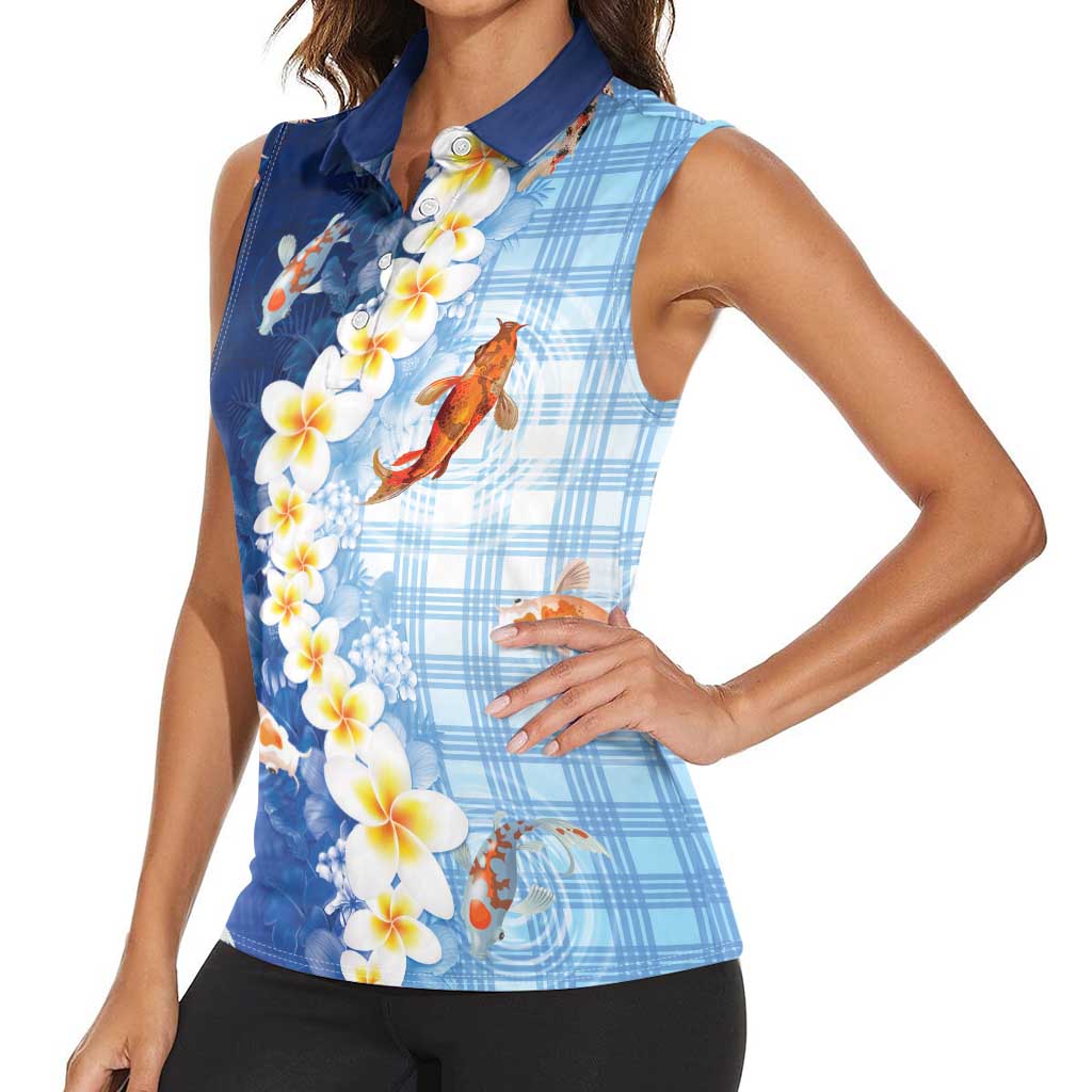 Hawaii And Japan Women Sleeveless Polo Shirt Plumeria Lei With Koi Fish Blue LT05 - Polynesian Pride