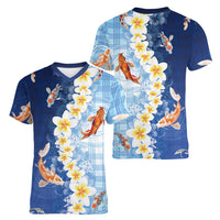 Hawaii And Japan Women V-Neck T-Shirt Plumeria Lei With Koi Fish Blue LT05 - Polynesian Pride