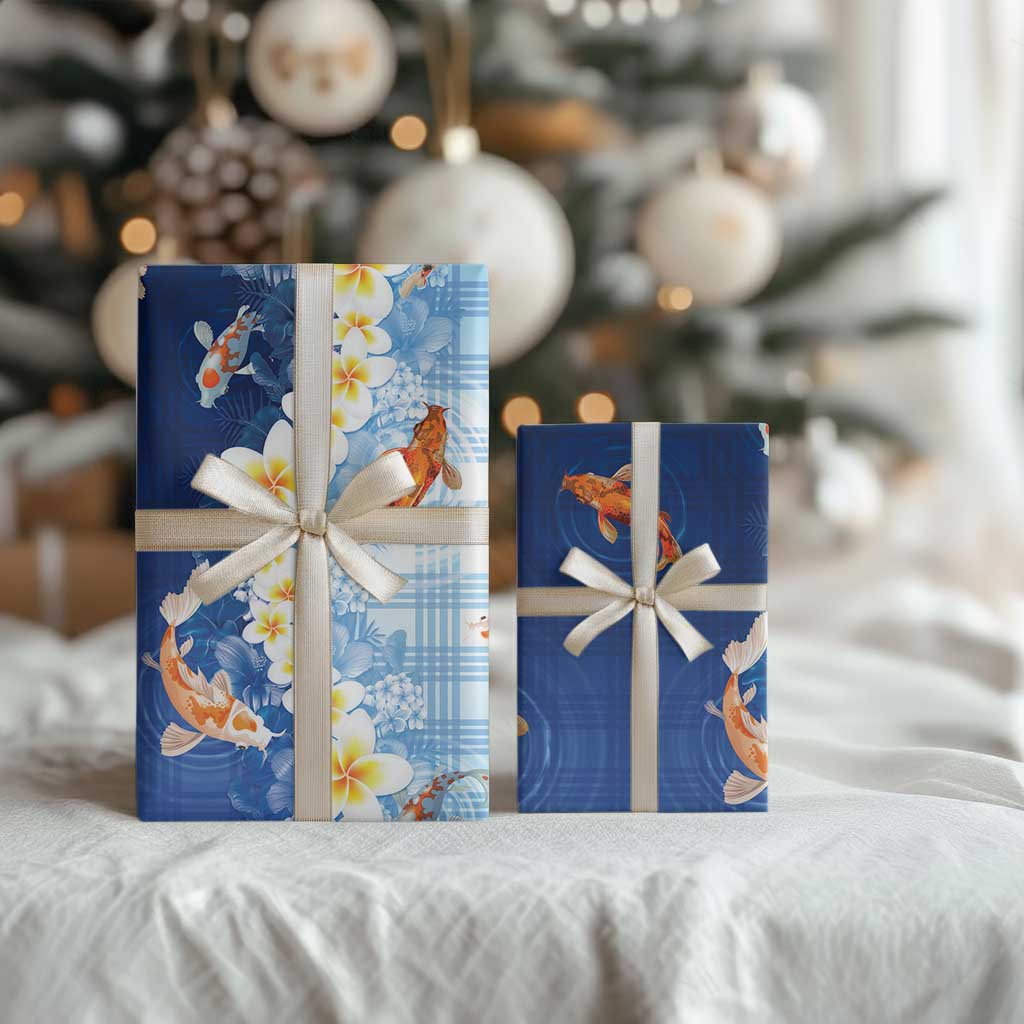 Hawaii And Japan Wrapping Paper Plumeria Lei With Koi Fish Blue