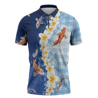Hawaii And Japan Zipper Polo Shirt Plumeria Lei With Koi Fish Blue - Polynesian Pride