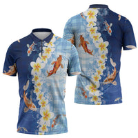 Hawaii And Japan Zipper Polo Shirt Plumeria Lei With Koi Fish Blue - Polynesian Pride