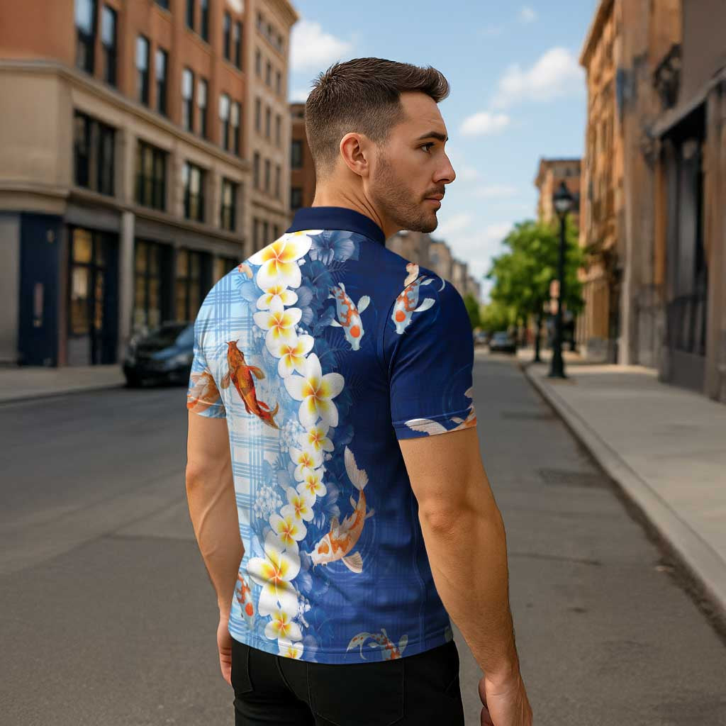 Hawaii And Japan Zipper Polo Shirt Plumeria Lei With Koi Fish Blue - Polynesian Pride