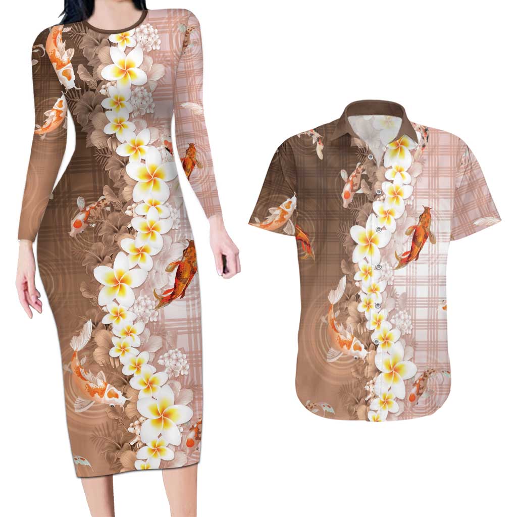 Hawaii And Japan Couples Matching Long Sleeve Bodycon Dress and Hawaiian Shirt Plumeria Lei With Koi Fish Beige LT05 Beige - Polynesian Pride