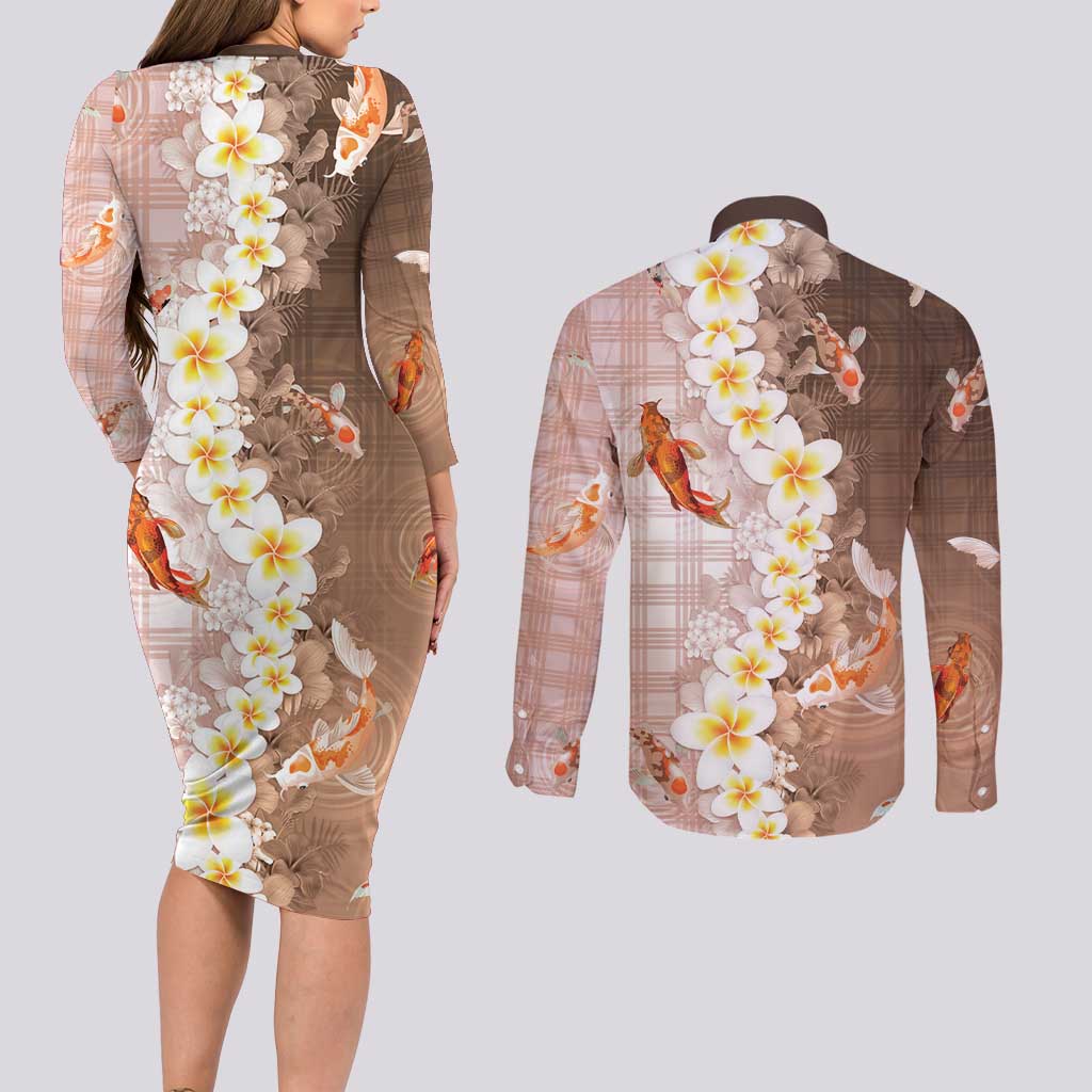 Hawaii And Japan Couples Matching Long Sleeve Bodycon Dress and Long Sleeve Button Shirt Plumeria Lei With Koi Fish Beige LT05 - Polynesian Pride