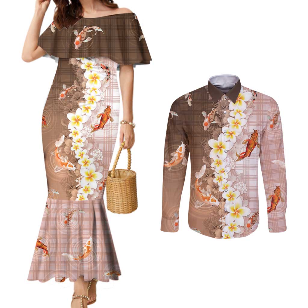 Hawaii And Japan Couples Matching Mermaid Dress and Long Sleeve Button Shirt Plumeria Lei With Koi Fish Beige LT05 Beige - Polynesian Pride
