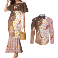 Hawaii And Japan Couples Matching Mermaid Dress and Long Sleeve Button Shirt Plumeria Lei With Koi Fish Beige LT05 Beige - Polynesian Pride
