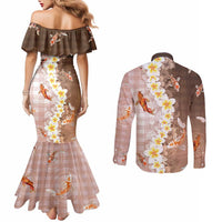 Hawaii And Japan Couples Matching Mermaid Dress and Long Sleeve Button Shirt Plumeria Lei With Koi Fish Beige LT05 - Polynesian Pride