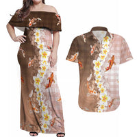 Hawaii And Japan Couples Matching Off Shoulder Maxi Dress and Hawaiian Shirt Plumeria Lei With Koi Fish Beige LT05 Beige - Polynesian Pride