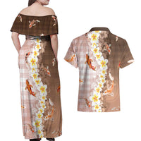 Hawaii And Japan Couples Matching Off Shoulder Maxi Dress and Hawaiian Shirt Plumeria Lei With Koi Fish Beige LT05 - Polynesian Pride