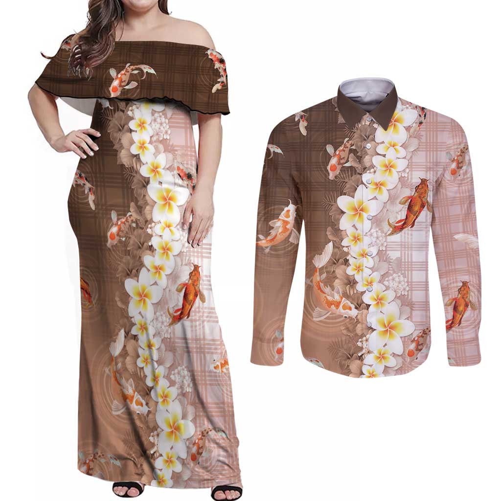 Hawaii And Japan Couples Matching Off Shoulder Maxi Dress and Long Sleeve Button Shirt Plumeria Lei With Koi Fish Beige LT05 Beige - Polynesian Pride