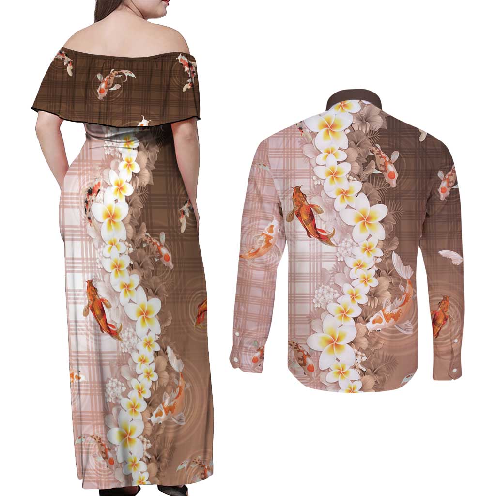 Hawaii And Japan Couples Matching Off Shoulder Maxi Dress and Long Sleeve Button Shirt Plumeria Lei With Koi Fish Beige LT05 - Polynesian Pride