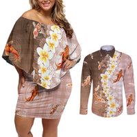 Hawaii And Japan Couples Matching Off Shoulder Short Dress and Long Sleeve Button Shirt Plumeria Lei With Koi Fish Beige LT05 Beige - Polynesian Pride
