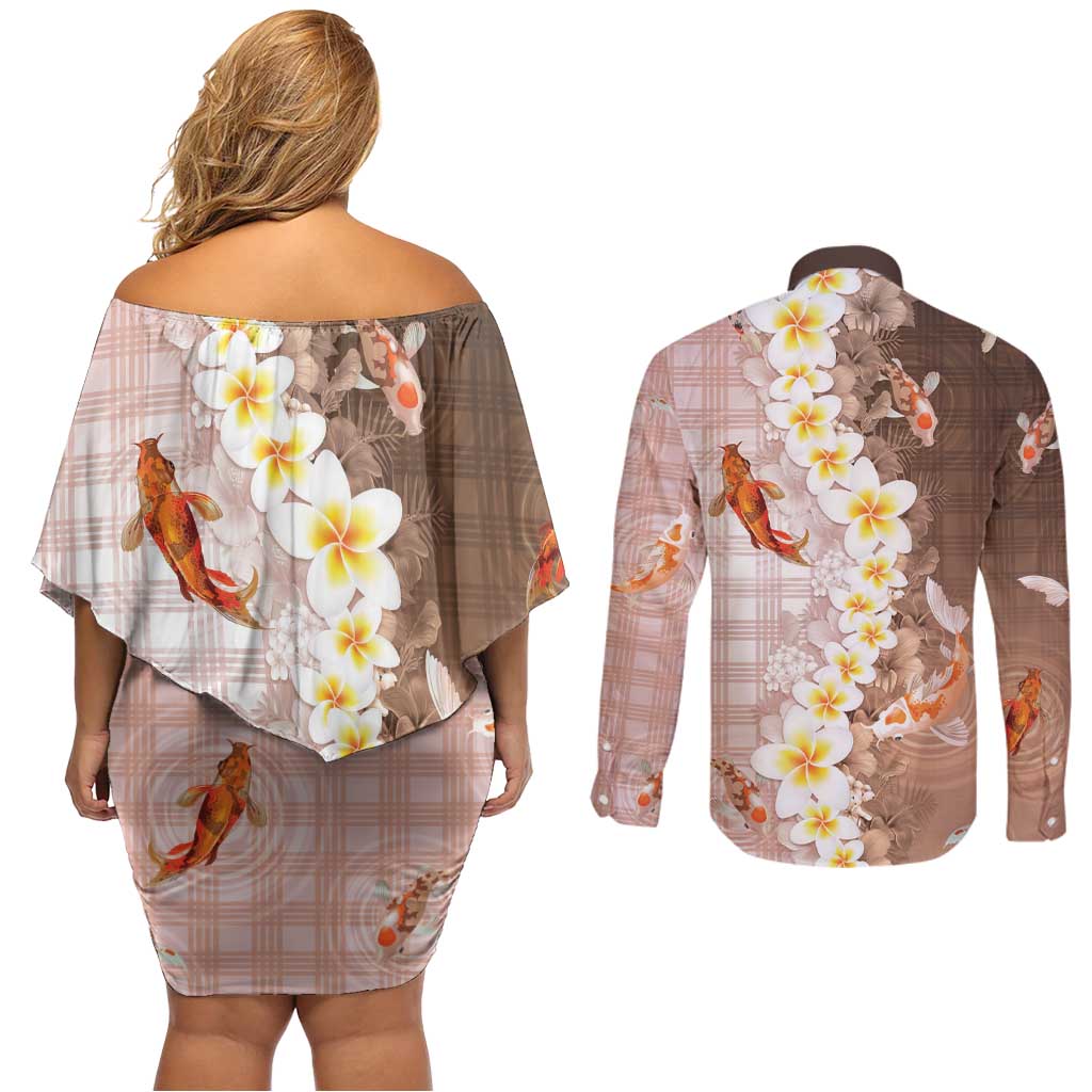 Hawaii And Japan Couples Matching Off Shoulder Short Dress and Long Sleeve Button Shirt Plumeria Lei With Koi Fish Beige LT05 - Polynesian Pride