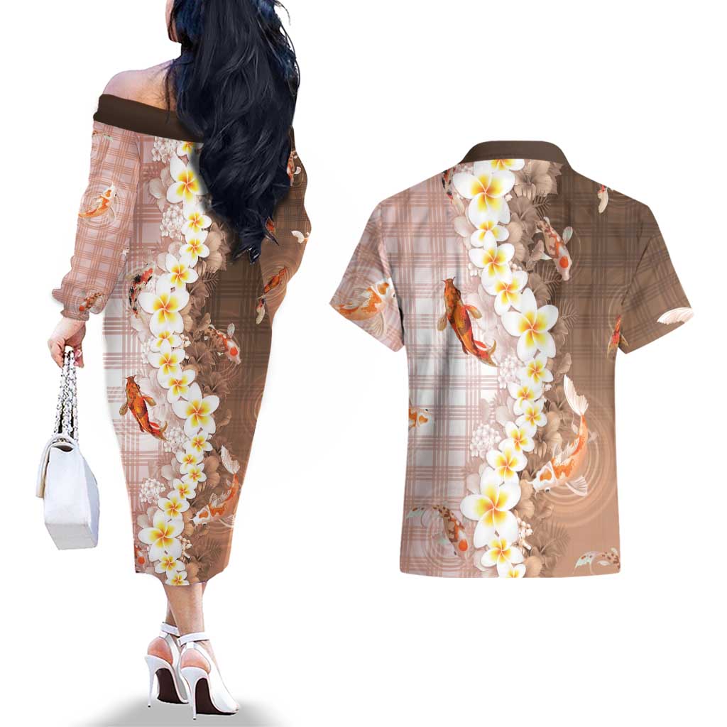 Hawaii And Japan Couples Matching Off The Shoulder Long Sleeve Dress and Hawaiian Shirt Plumeria Lei With Koi Fish Beige LT05 - Polynesian Pride